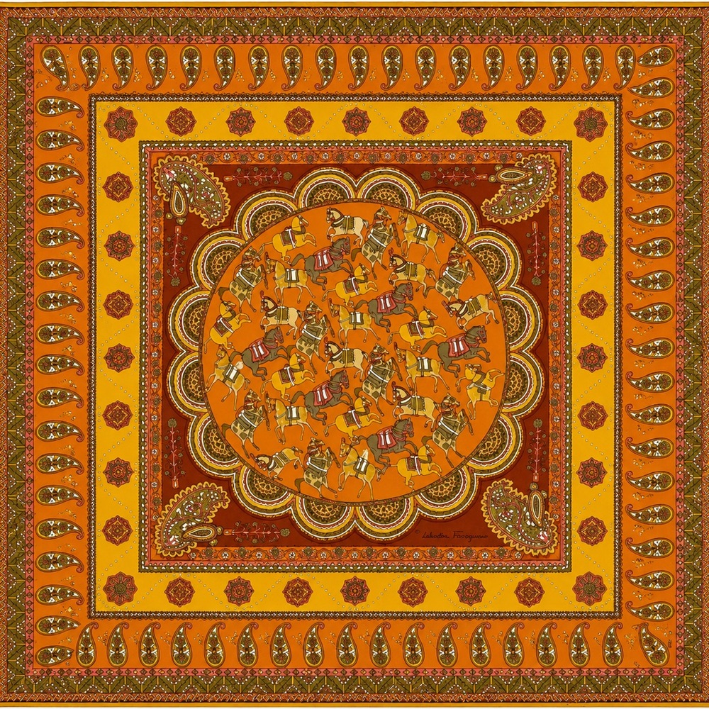 Salvatore Ferragamo Orange and Gold Paisley Horse Pocket Square